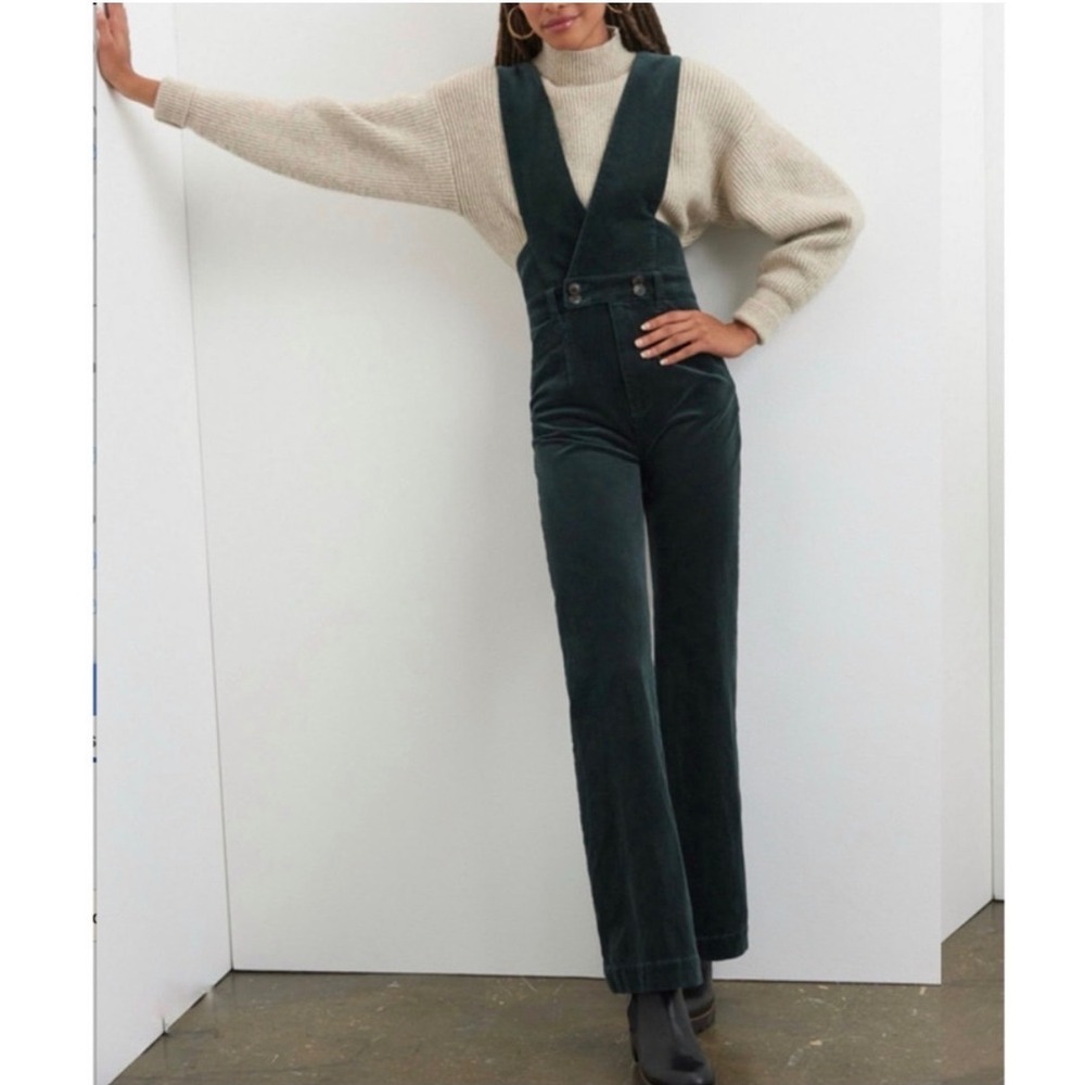 Anthropologie Forest Green Velvet Suspender Jumpsuit